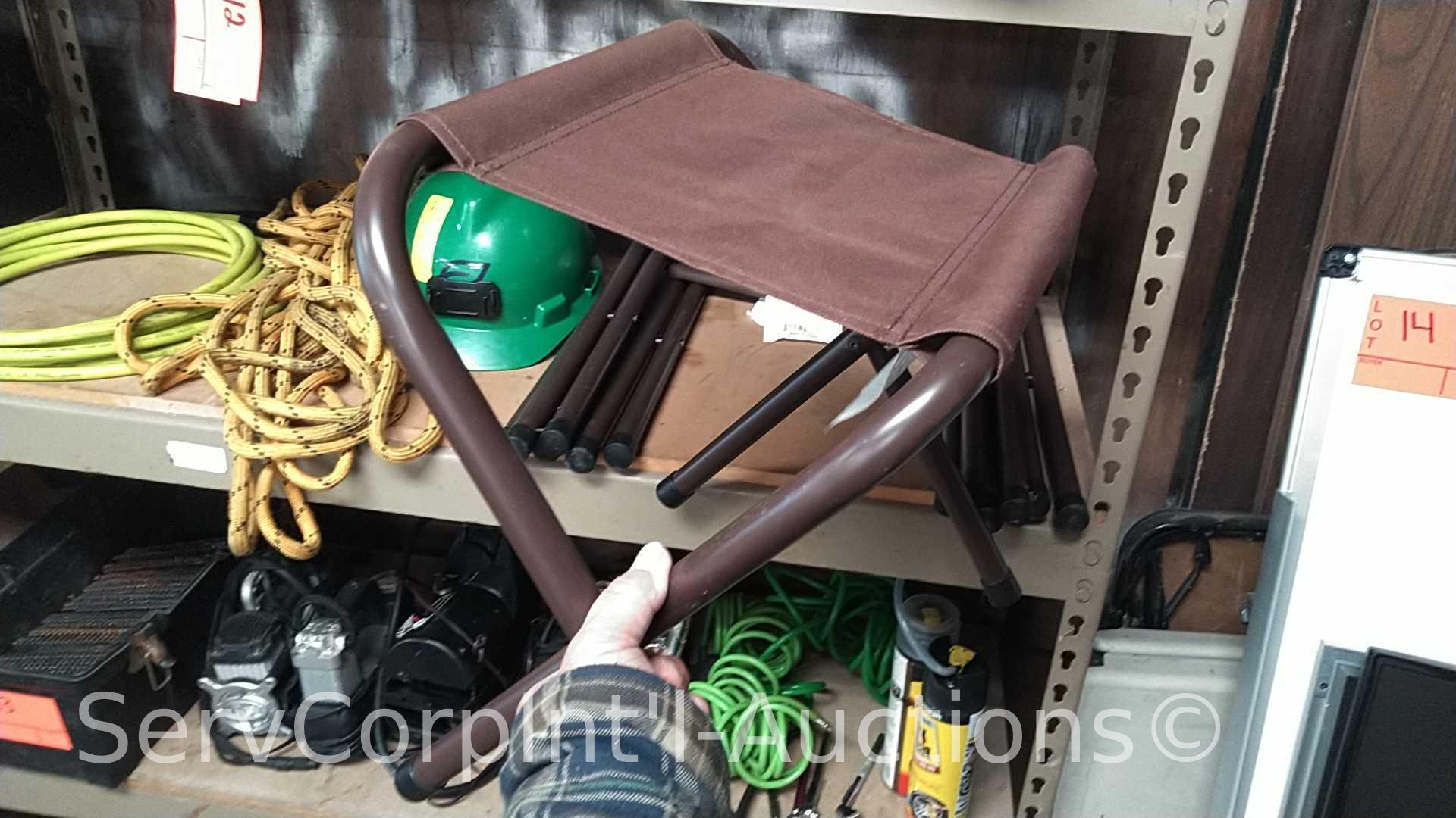 Lot on 2 Shelves of Various Sockets, Ratches, Rope, Pressure Washer Hose, Folding Seats