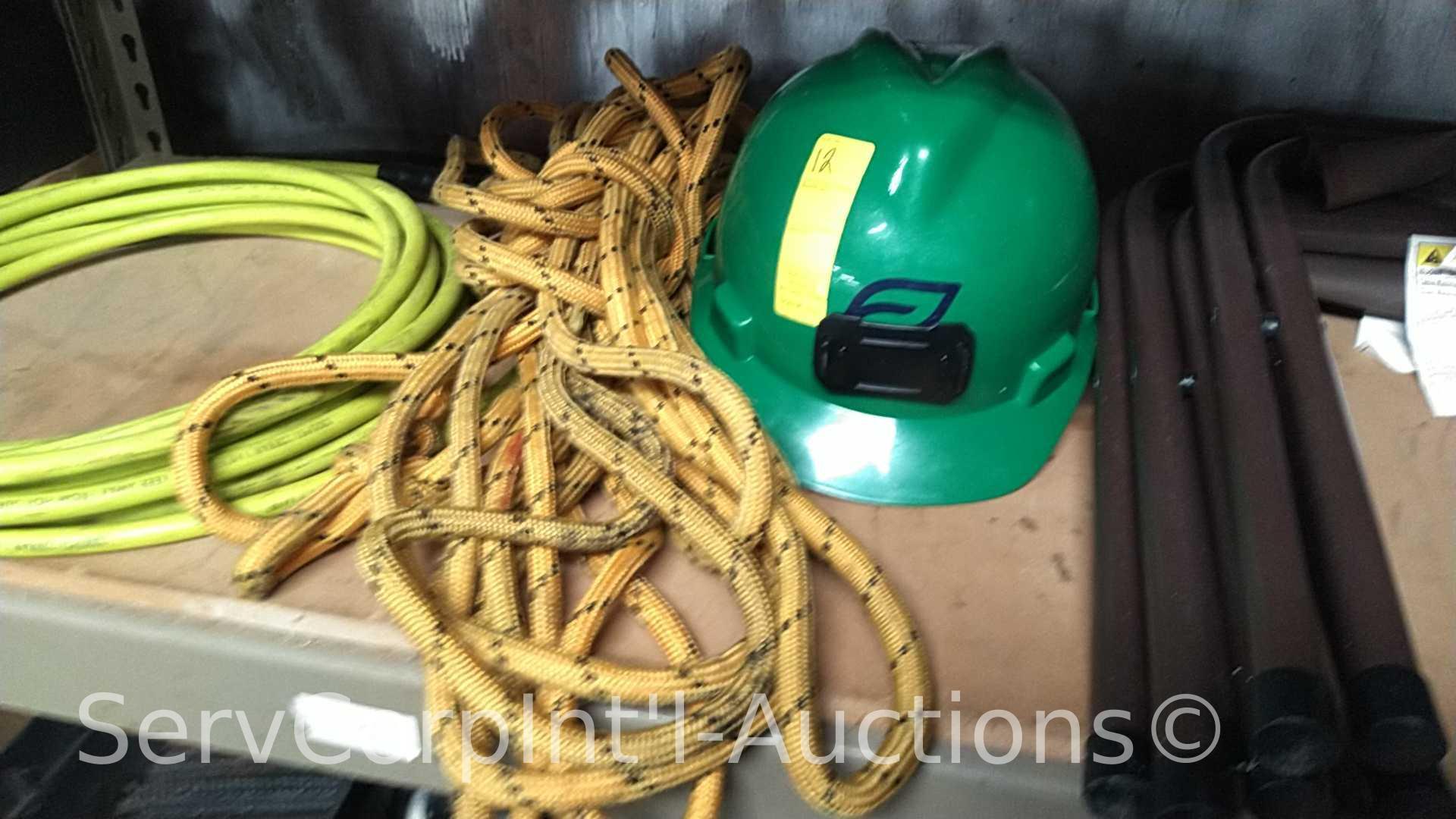Lot on 2 Shelves of Various Sockets, Ratches, Rope, Pressure Washer Hose, Folding Seats