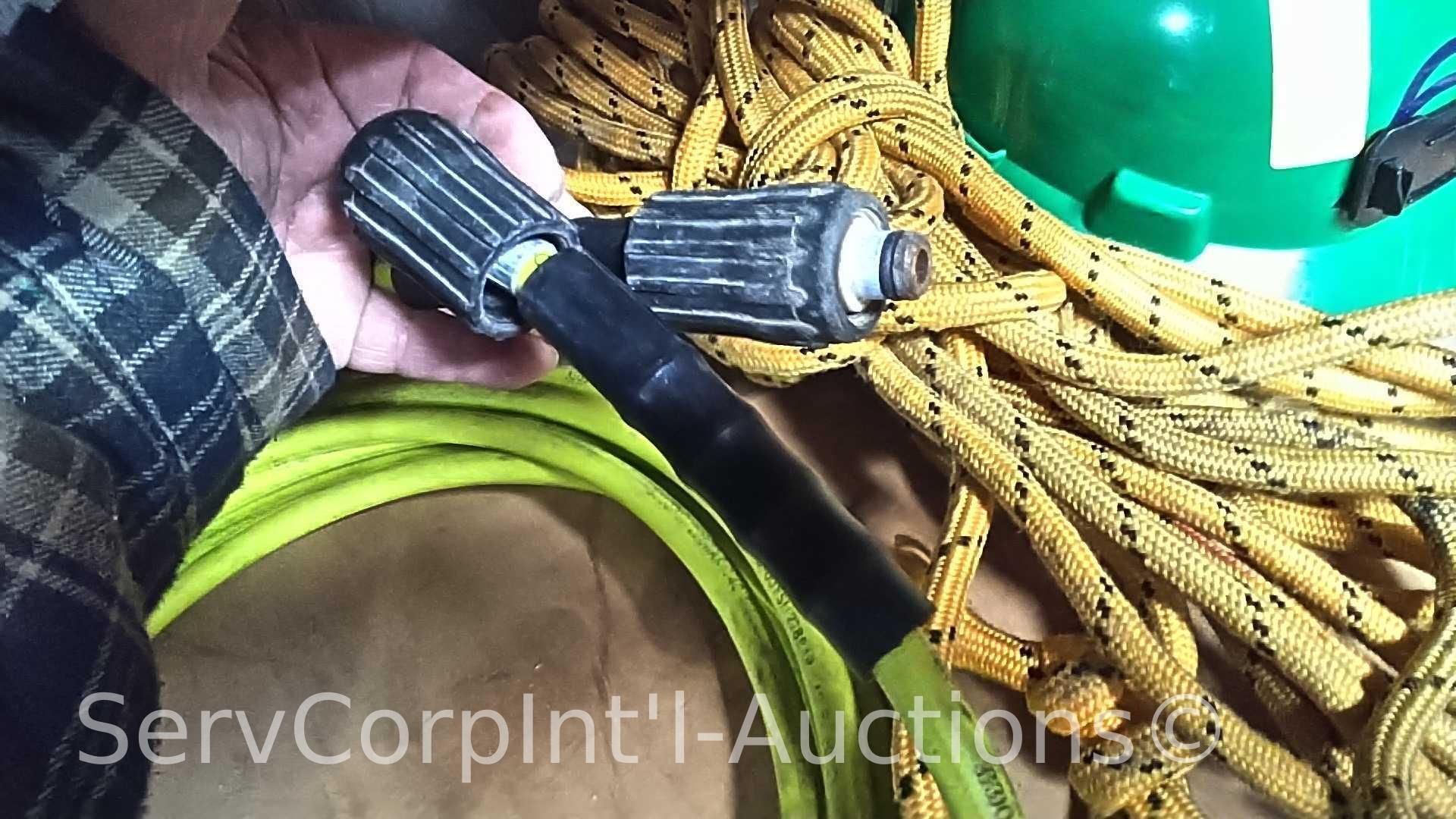 Lot on 2 Shelves of Various Sockets, Ratches, Rope, Pressure Washer Hose, Folding Seats