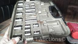 Lot on 2 Shelves of Various Sockets, Ratches, Rope, Pressure Washer Hose, Folding Seats