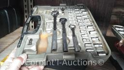 Lot on 2 Shelves of Various Sockets, Ratches, Rope, Pressure Washer Hose, Folding Seats