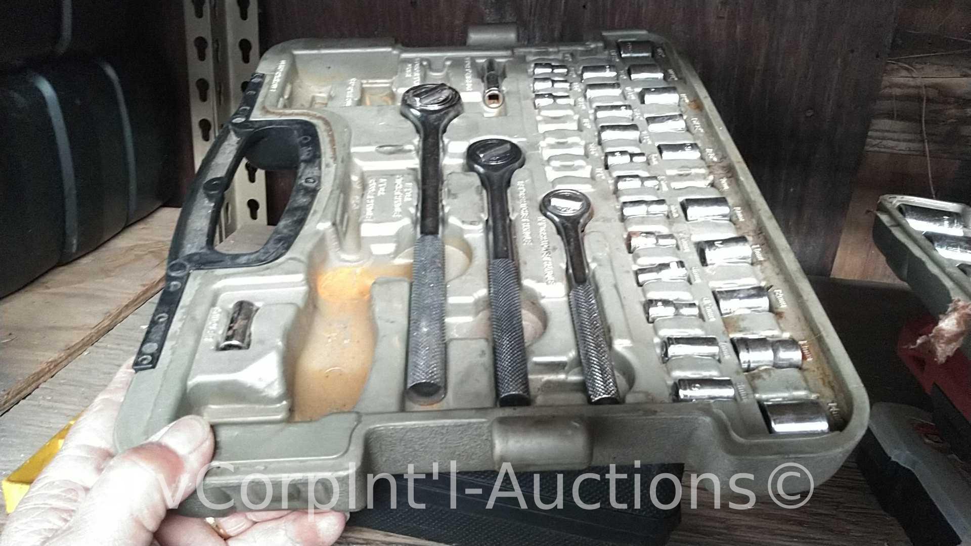 Lot on 2 Shelves of Various Sockets, Ratches, Rope, Pressure Washer Hose, Folding Seats