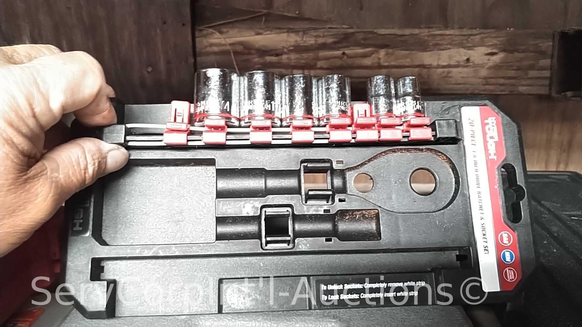 Lot on 2 Shelves of Various Sockets, Ratches, Rope, Pressure Washer Hose, Folding Seats