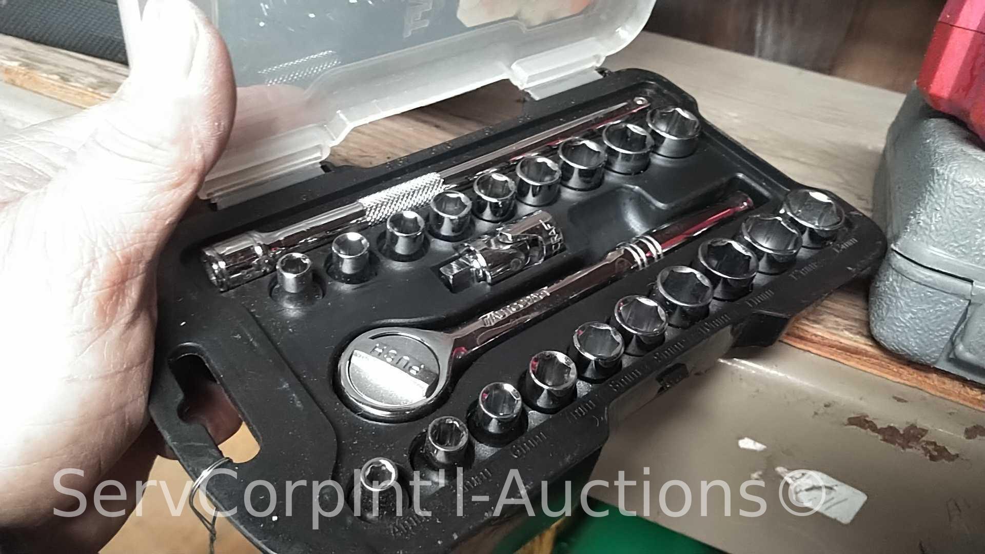 Lot on 2 Shelves of Various Sockets, Ratches, Rope, Pressure Washer Hose, Folding Seats