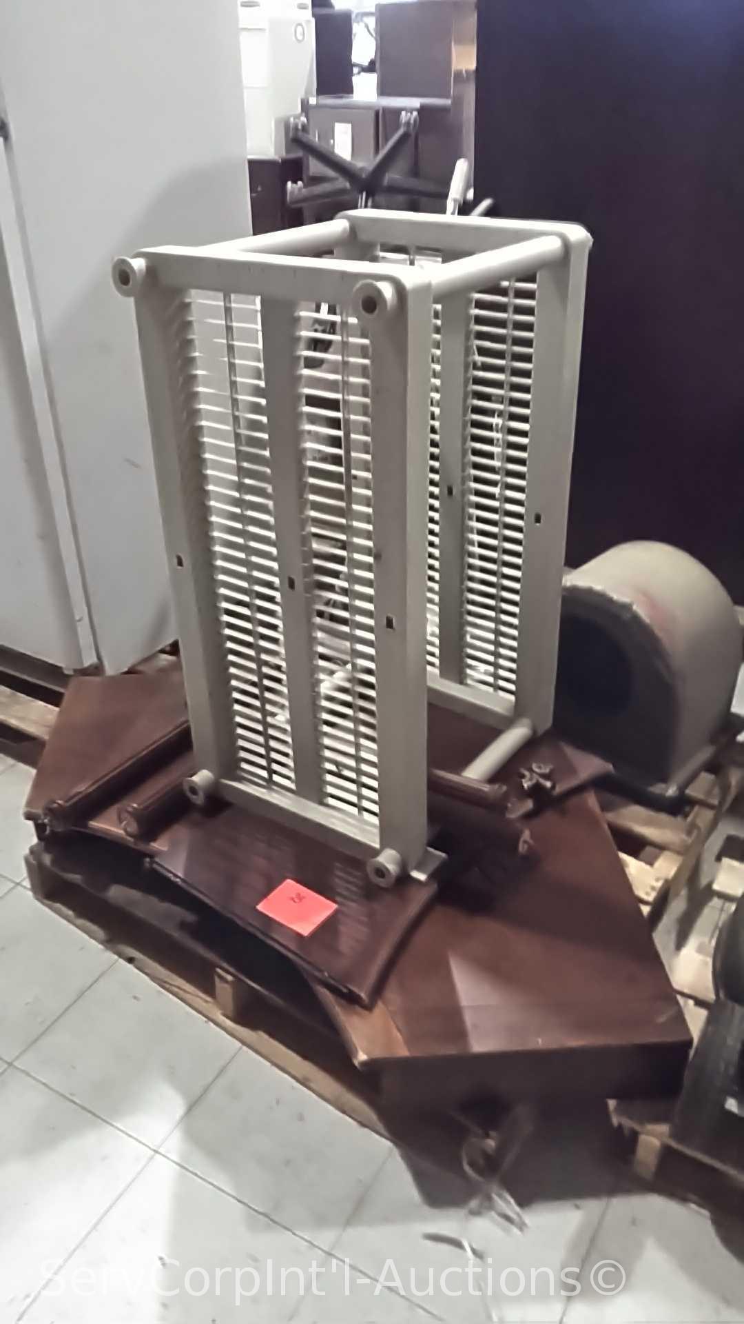 Lot on Pallet of Broken Table, Plastic Shelving Unit, Squirrel Fan, Eureka Vacuum, Triple S Vacuum