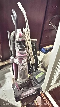 Lot on Pallet of Broken Table, Plastic Shelving Unit, Squirrel Fan, Eureka Vacuum, Triple S Vacuum