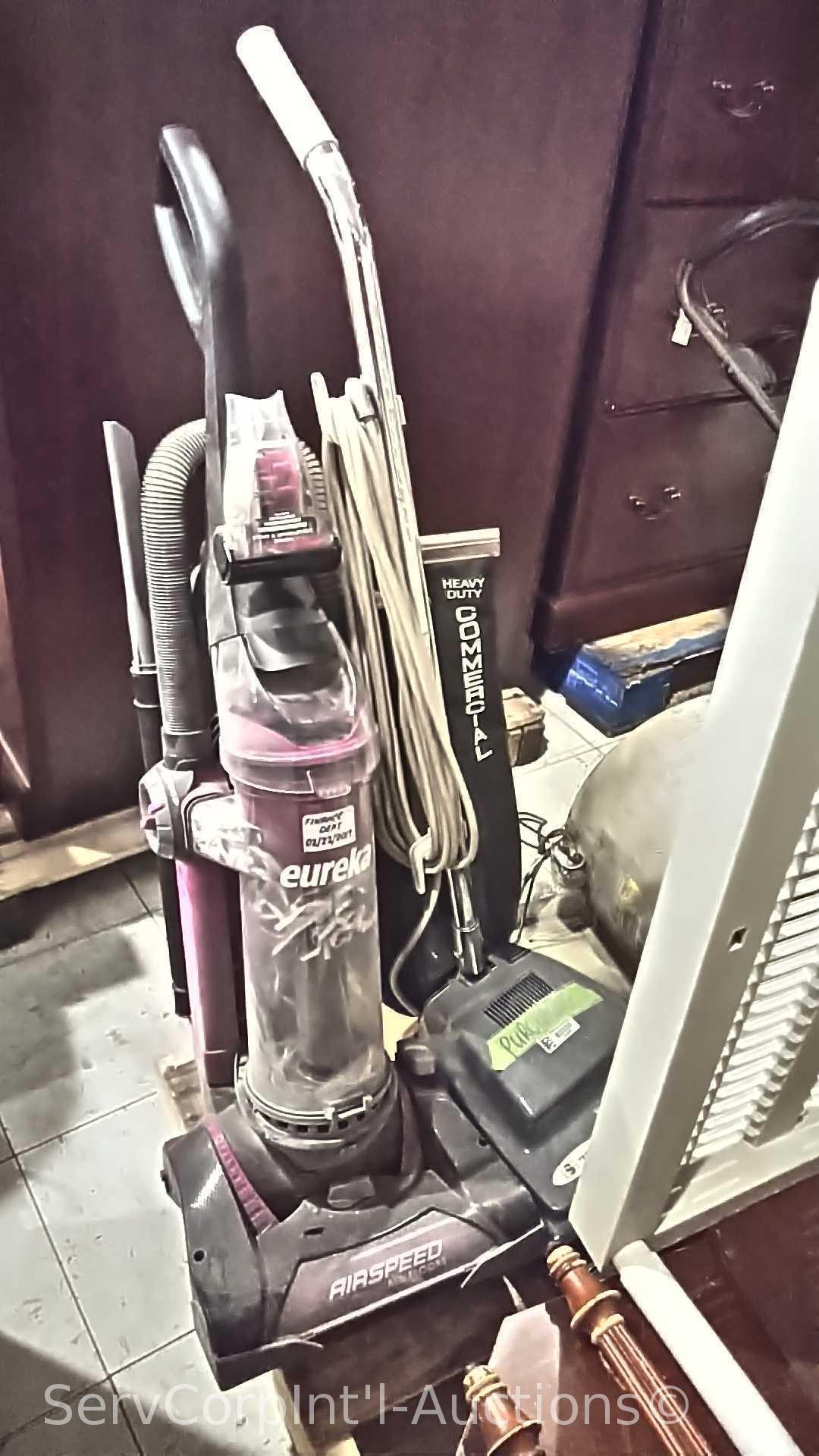 Lot on Pallet of Broken Table, Plastic Shelving Unit, Squirrel Fan, Eureka Vacuum, Triple S Vacuum