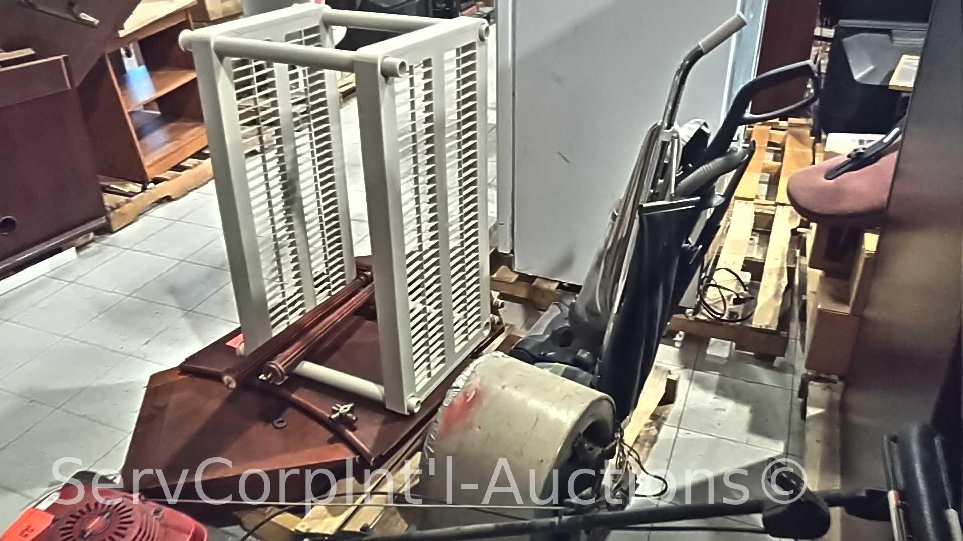Lot on Pallet of Broken Table, Plastic Shelving Unit, Squirrel Fan, Eureka Vacuum, Triple S Vacuum