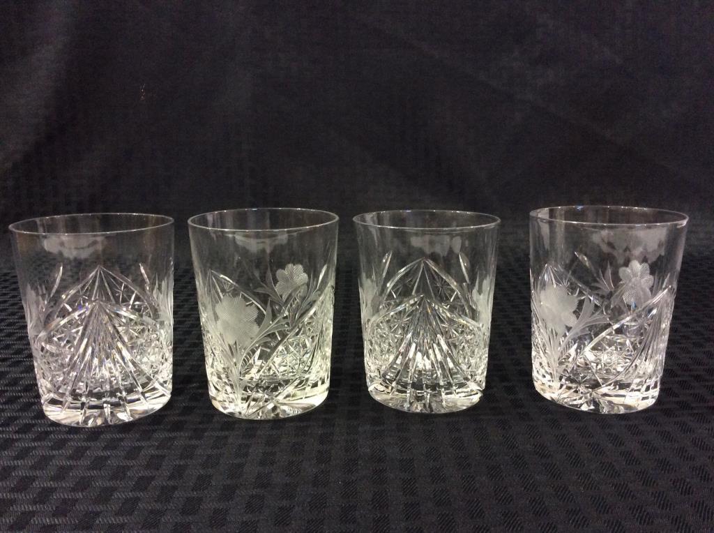 Cut Glass Floral Etched Pitcher & Tumber Set