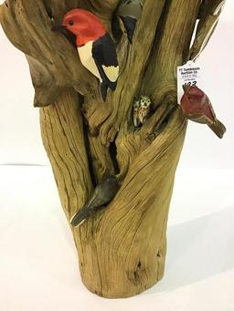 Very Heavy Tree Bark Design Stand w/ Carved Birds