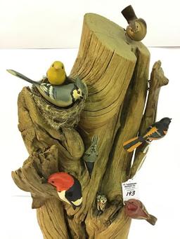 Very Heavy Tree Bark Design Stand w/ Carved Birds