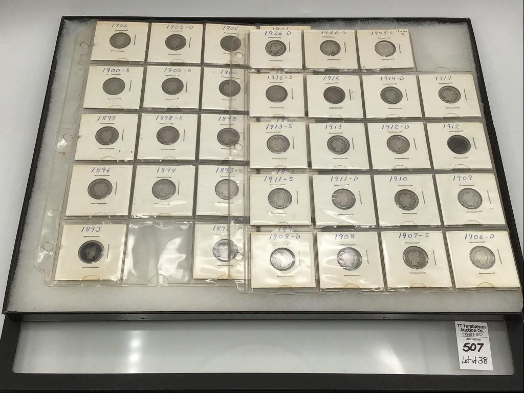 Lot of 38 Various Barber Dimes