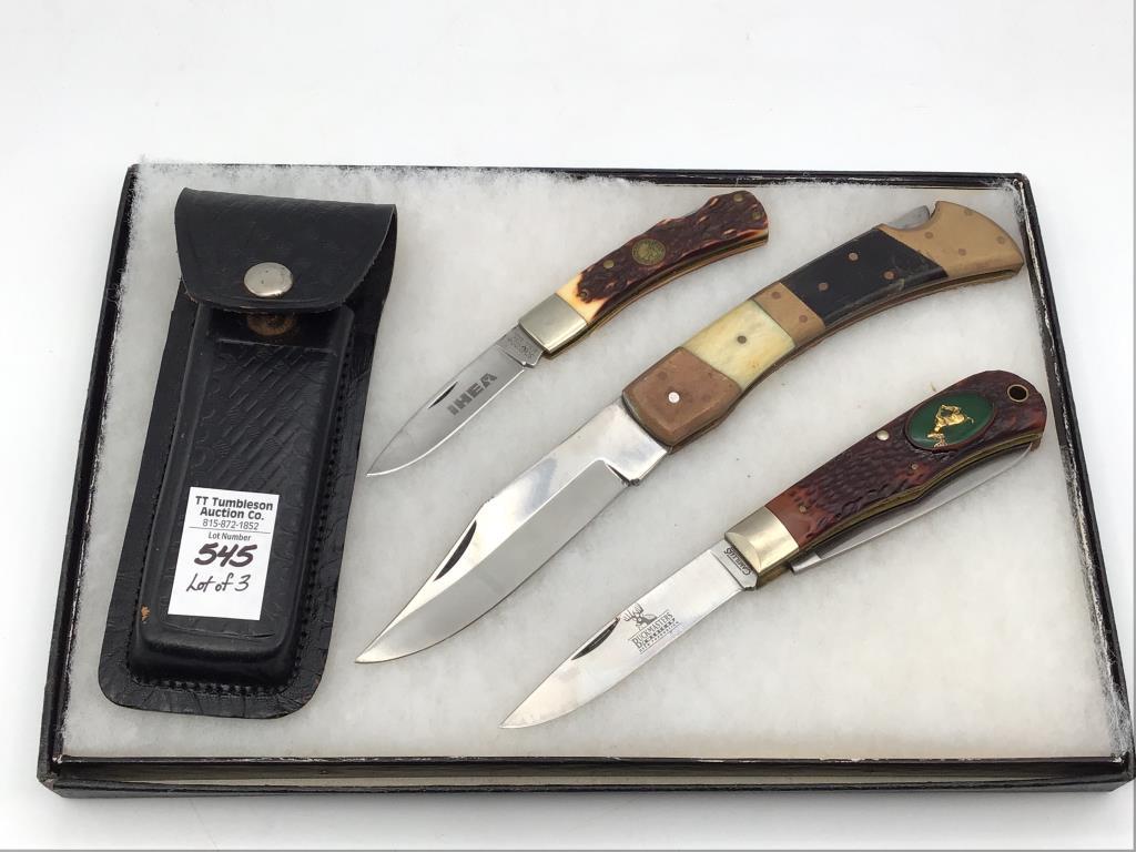 Lot of 3 Lg. Folding Knives w/ Bone Handles