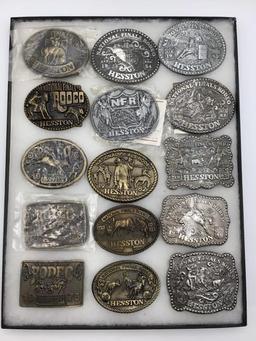 Collection of 15 Hesston Belt Buckles-