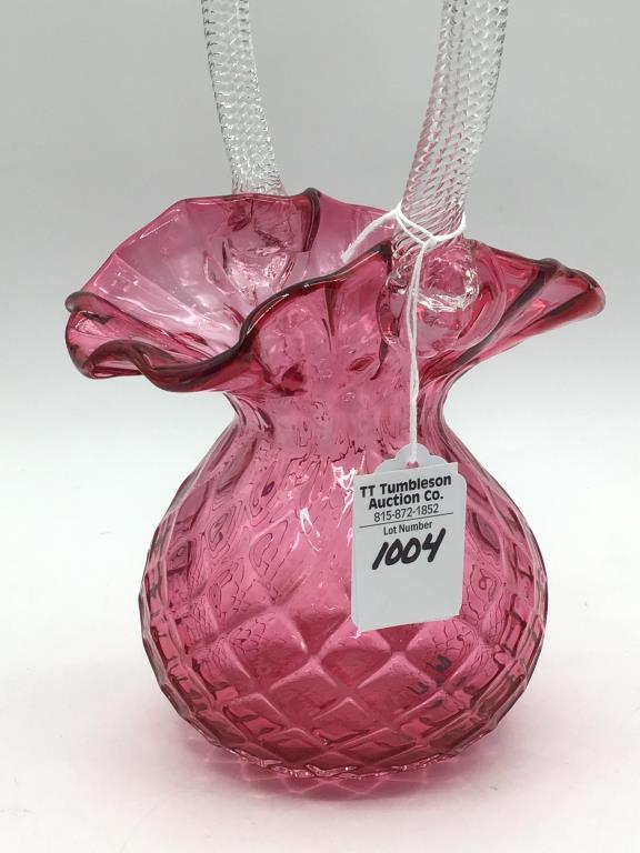 Cranberry Glass Handled Basket