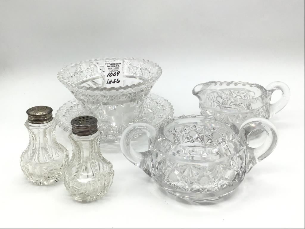 Lot of 6 Cut Glass Pieces Including Creamer,