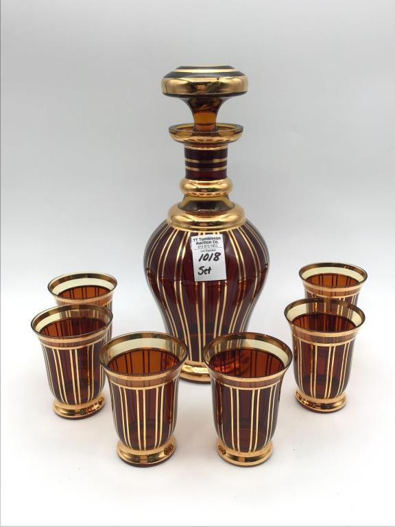 Amber Glass & Gold Decanter Set