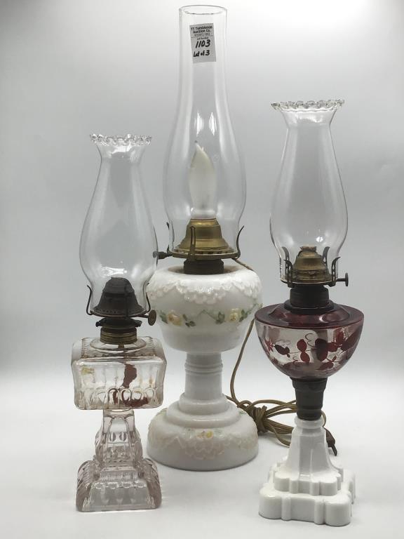 Lot of 3 Pedestal Kerosene Lamps Including