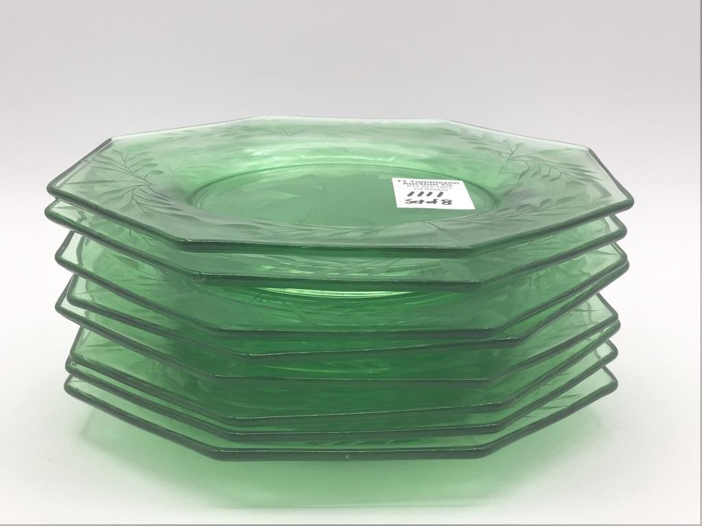 Set of 8 Matching Etched Glass Green Depression