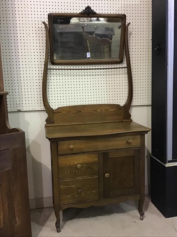 Oak wood Commode w/ Mirror & Towel Bar