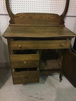 Oak wood Commode w/ Mirror & Towel Bar