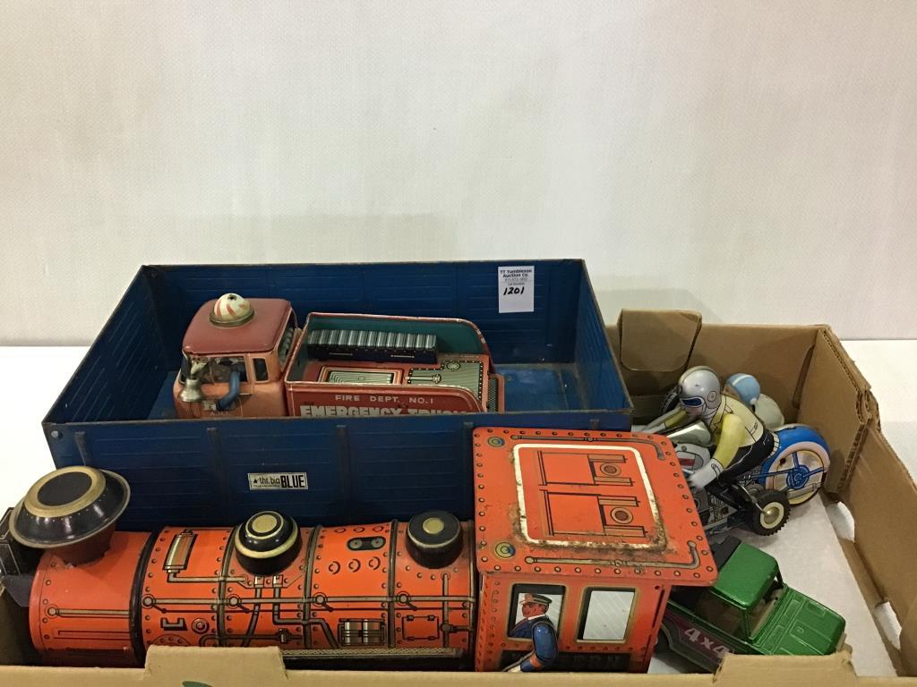 Group of Toys Including Big Blue Wagon, Battery