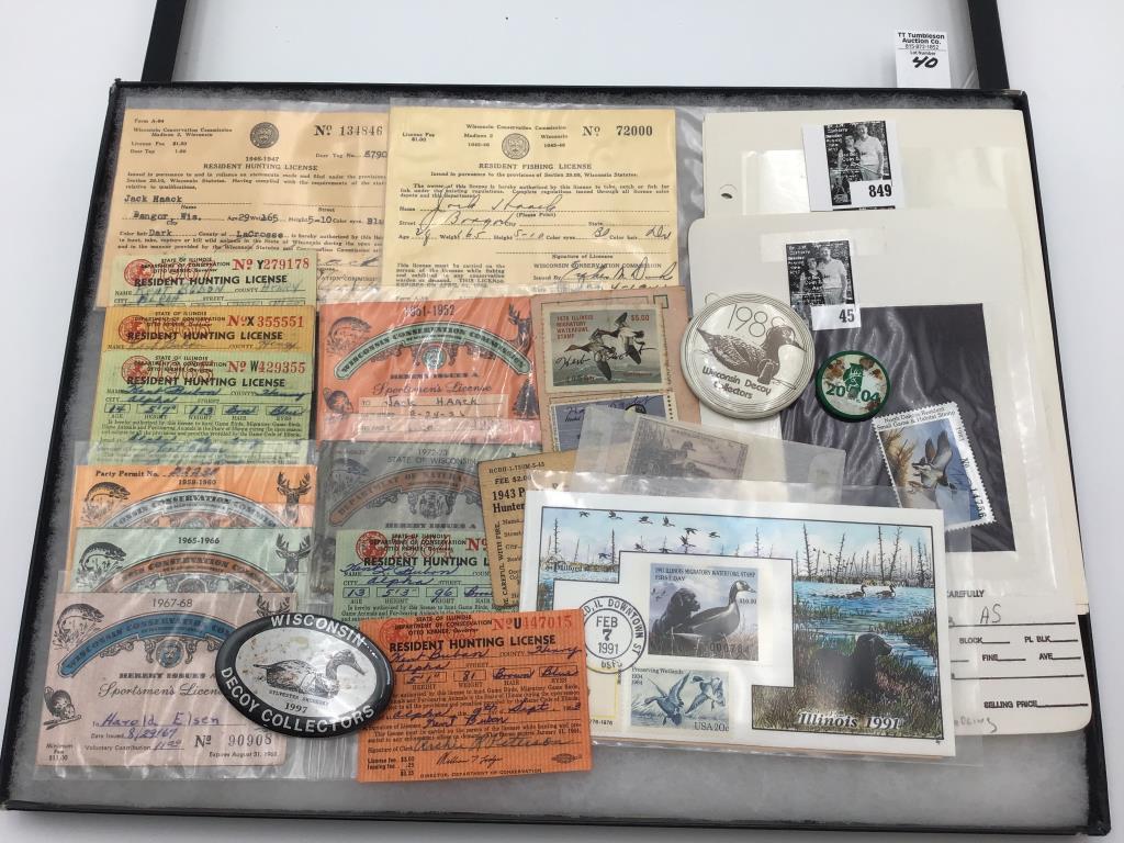 Group w/ Hunting Licenses, Duck Stamps, Pins,