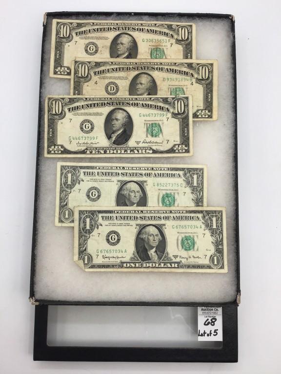 Lot of 5 Paper Currency Including 3-Ten Dollar