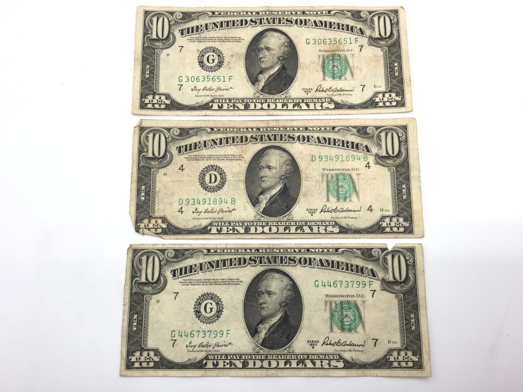 Lot of 5 Paper Currency Including 3-Ten Dollar