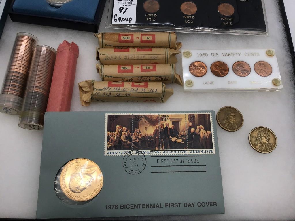 Group of Coins Including Roll of Bi-Cenn Quarters