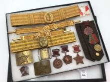 Group of Military Belts, Buckles, Medals-Mostly