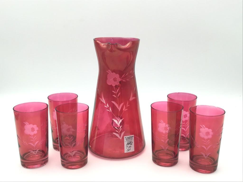 7 Piece Set of Etched Cranberry Glass Including