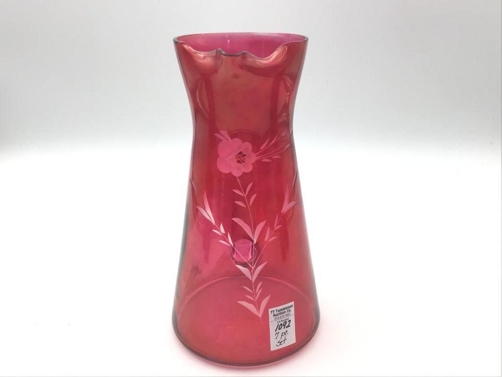 7 Piece Set of Etched Cranberry Glass Including