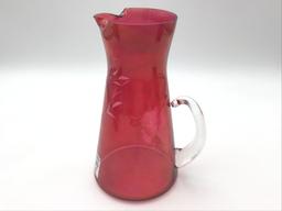 7 Piece Set of Etched Cranberry Glass Including