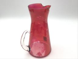 7 Piece Set of Etched Cranberry Glass Including
