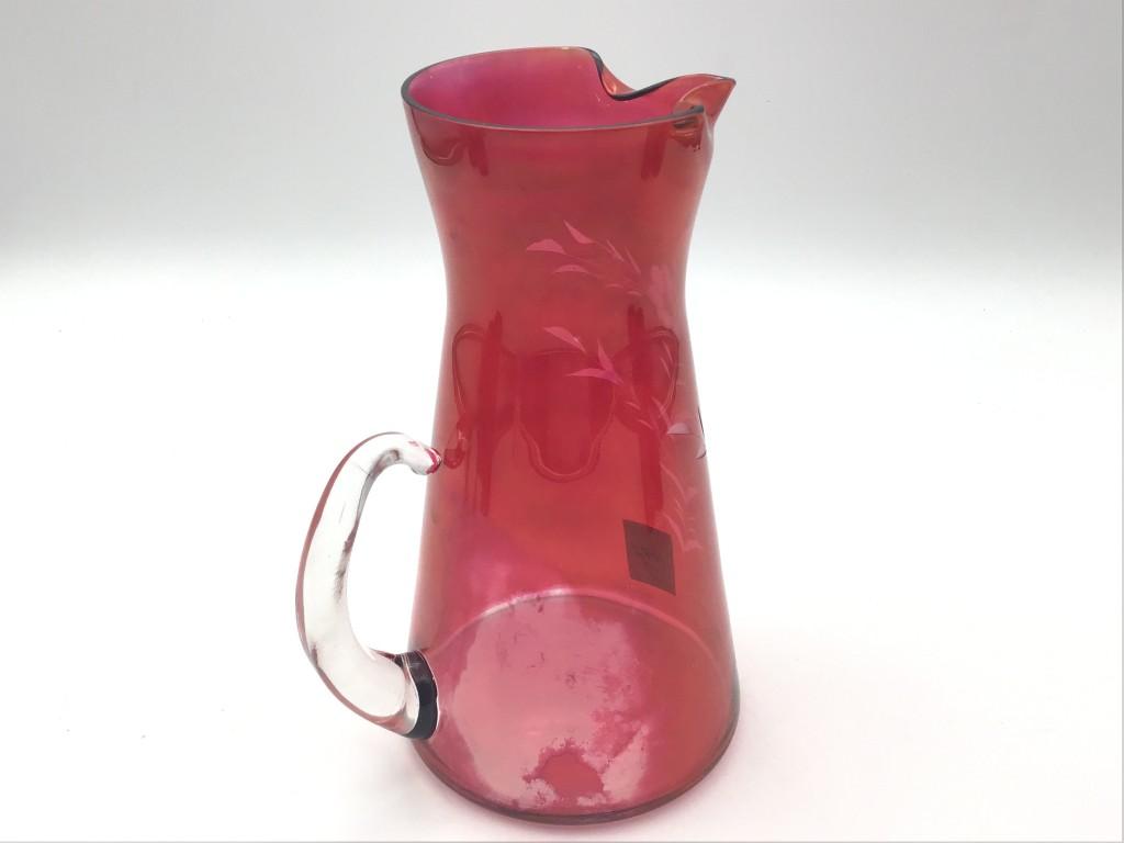 7 Piece Set of Etched Cranberry Glass Including