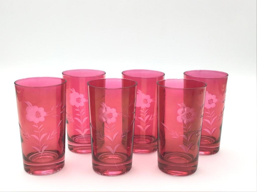 7 Piece Set of Etched Cranberry Glass Including