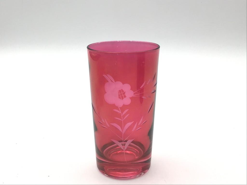 7 Piece Set of Etched Cranberry Glass Including