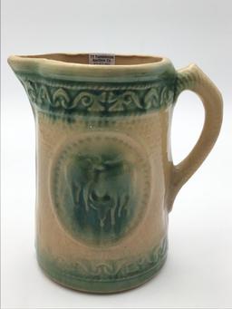Yelloware & Green Pottery Pitcher w/ Cow Design