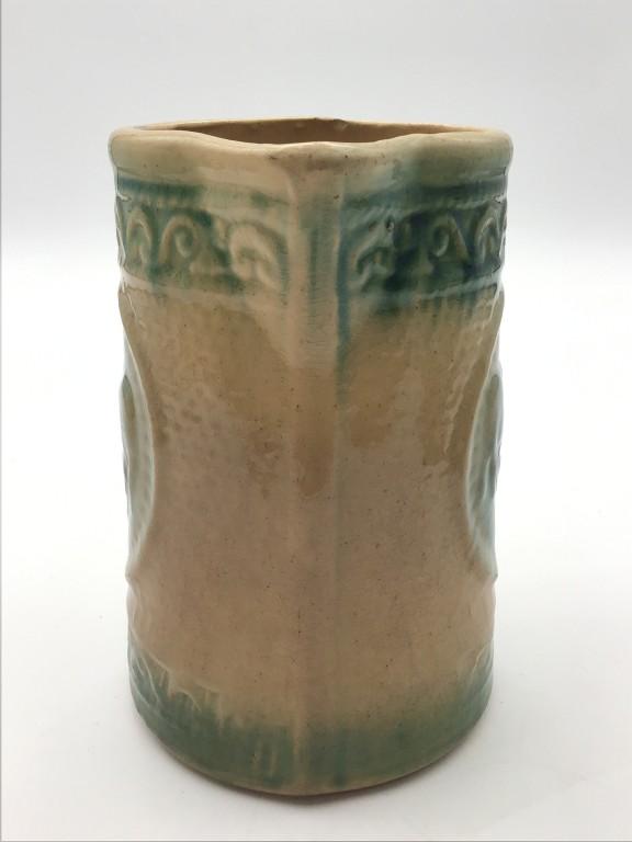Yelloware & Green Pottery Pitcher w/ Cow Design