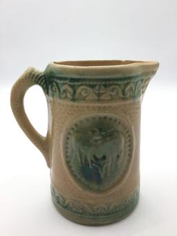 Yelloware & Green Pottery Pitcher w/ Cow Design