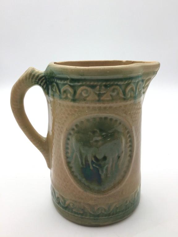 Yelloware & Green Pottery Pitcher w/ Cow Design