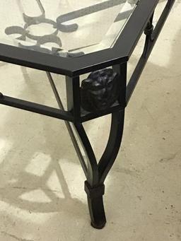 Set of 3 Metal Glass Top Tables w/ Lion Head
