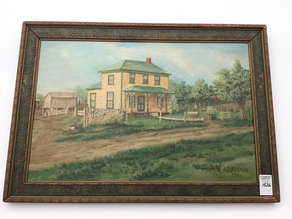 Framed Painting on Board of Country Home