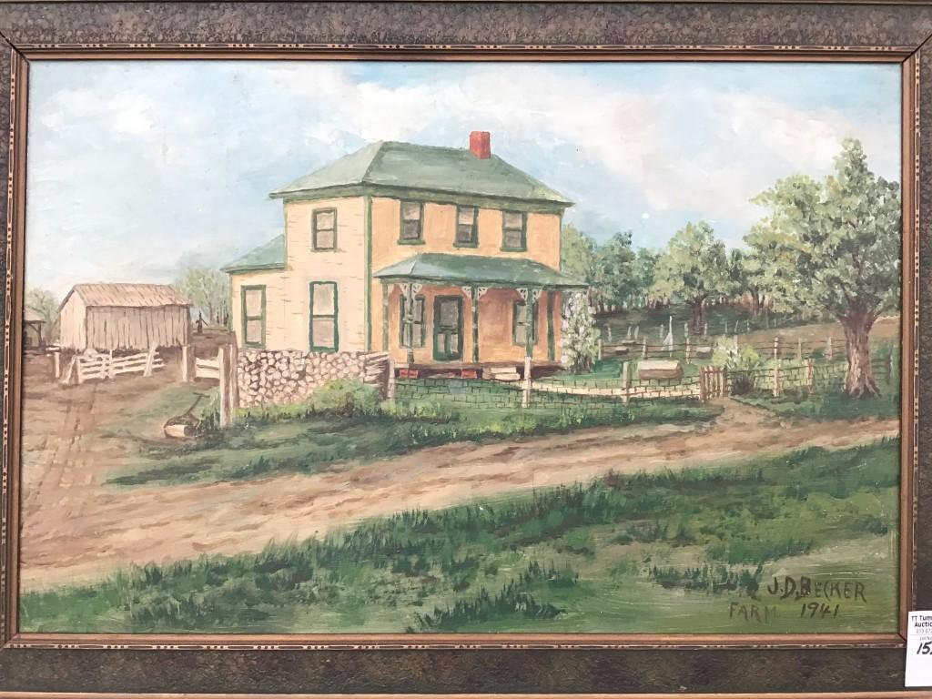 Framed Painting on Board of Country Home