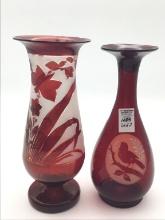 Lot of 2 Red & Satin Glass Etched Vases