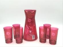 7 Piece Set of Etched Cranberry Glass Including