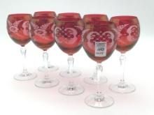 Set of 8 Matching Etched Cranberry Glass
