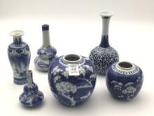 Lot of 6 Various Blue & White Oriental Vases &