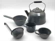 Lot of 5 Grey Enamelware Pieces Including